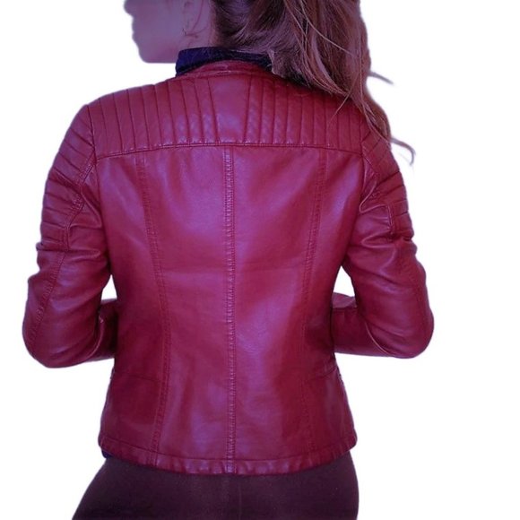 OLIVIA MILLER Burgundy Moto Style Asymmetrical Zipper Faux Leather Jacket New - Picture 3 of 7